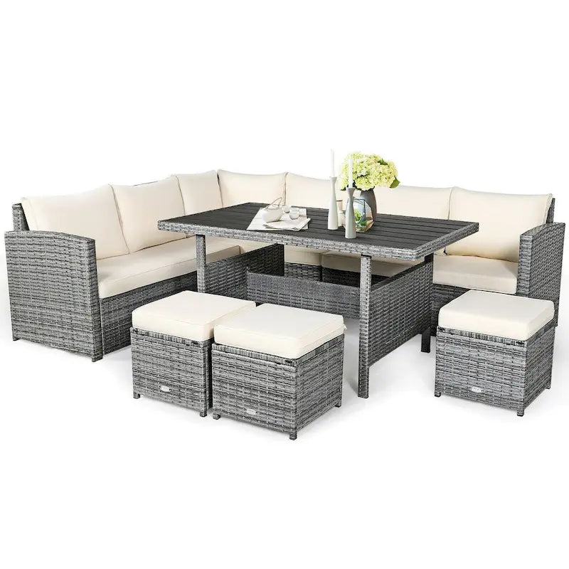 7 Pcs All-Weather Patio Rattan Dining Furniture Sectional Sofa Set with Wicker Ottoman and Cushed Couch – Image 39