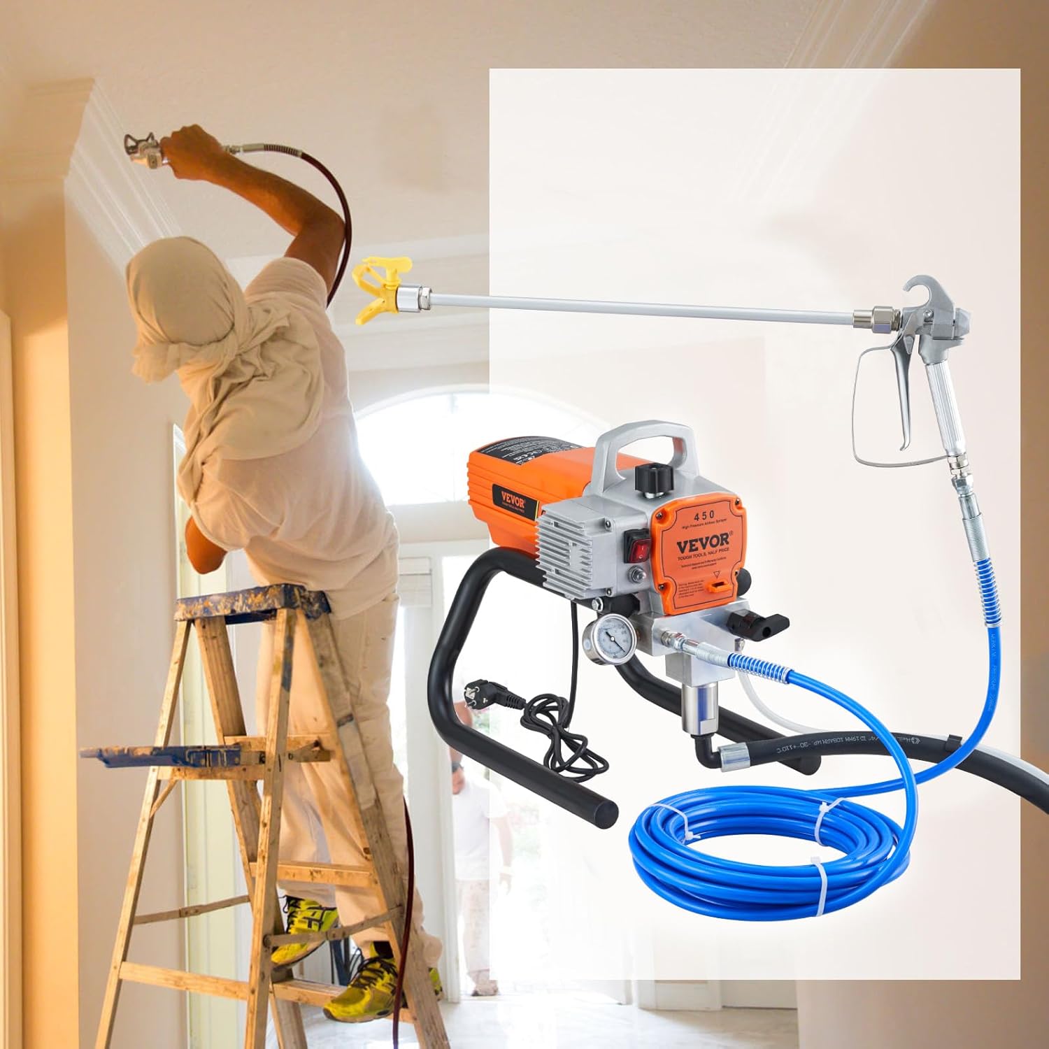 VEVOR Pulvérisateur sans Air avec Tuyau Haute Pression, Pistolet de Peinture Murale 1500 W, 3000 PSI, 1,8 L/Min, pour Peinture Intérieure et Extérieure Fournitures Clôtures Construction Maison – Image 8