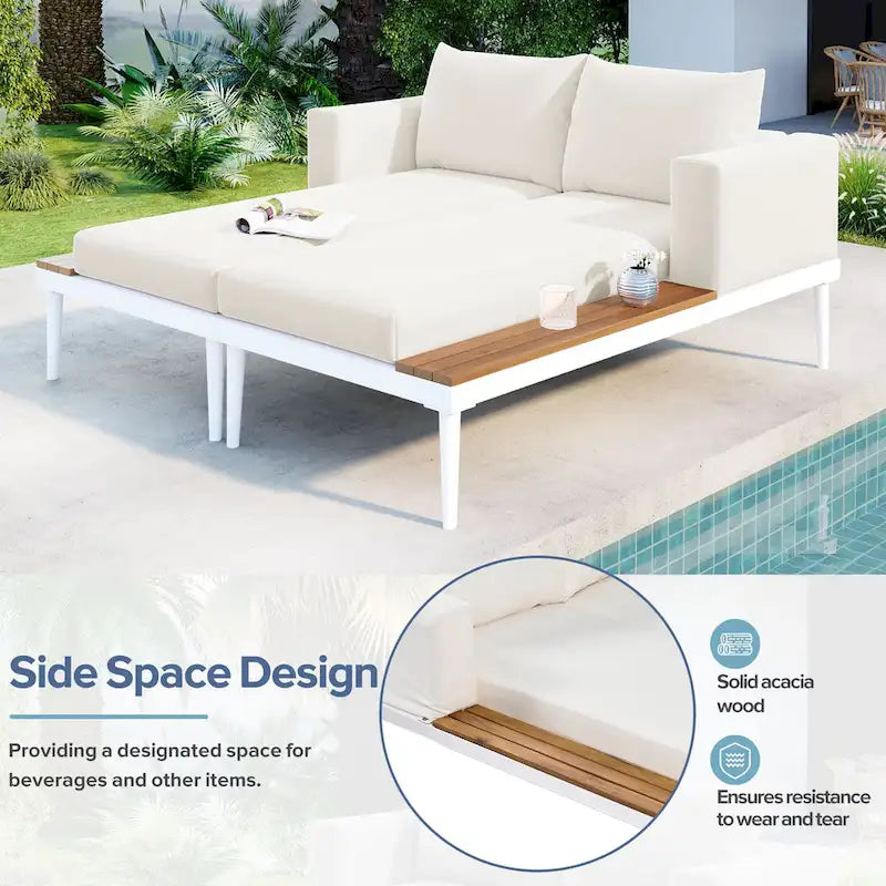 Outdoor Daybed Patio Metal Sun Lounger, 2 in 1 Padded Chaise Lounges, Garden Outdoor Chaise Lounges, Poolside Sunlounger – Image 19