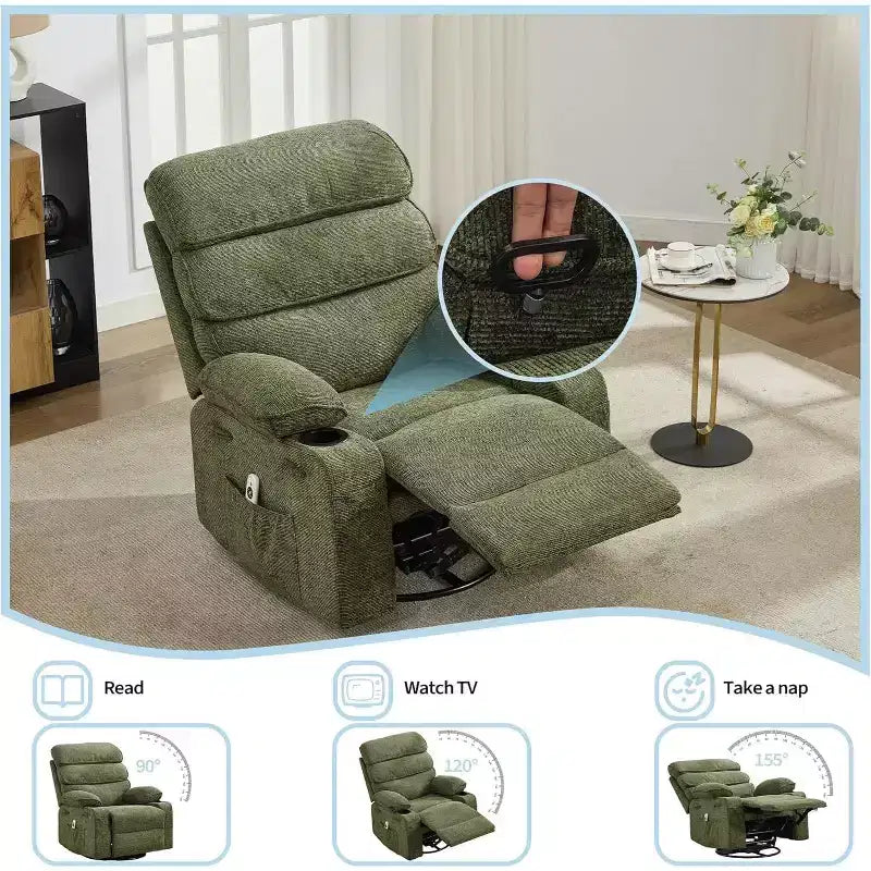 Massage Rocker Recliner with Heating, 360 Swivel Glider Recliner Chairs for Adults, Linen Nursery Chair with Side Pocket, Two Cup Holders – Image 11