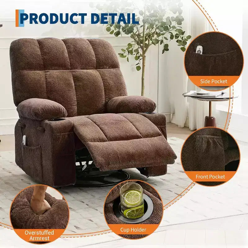 Oversized Recliner Chair for Adults, Manual Swivel Rocker Sofa, Side Pockets & Cup Holders for Big and Tall Persons, Living Room – Image 4