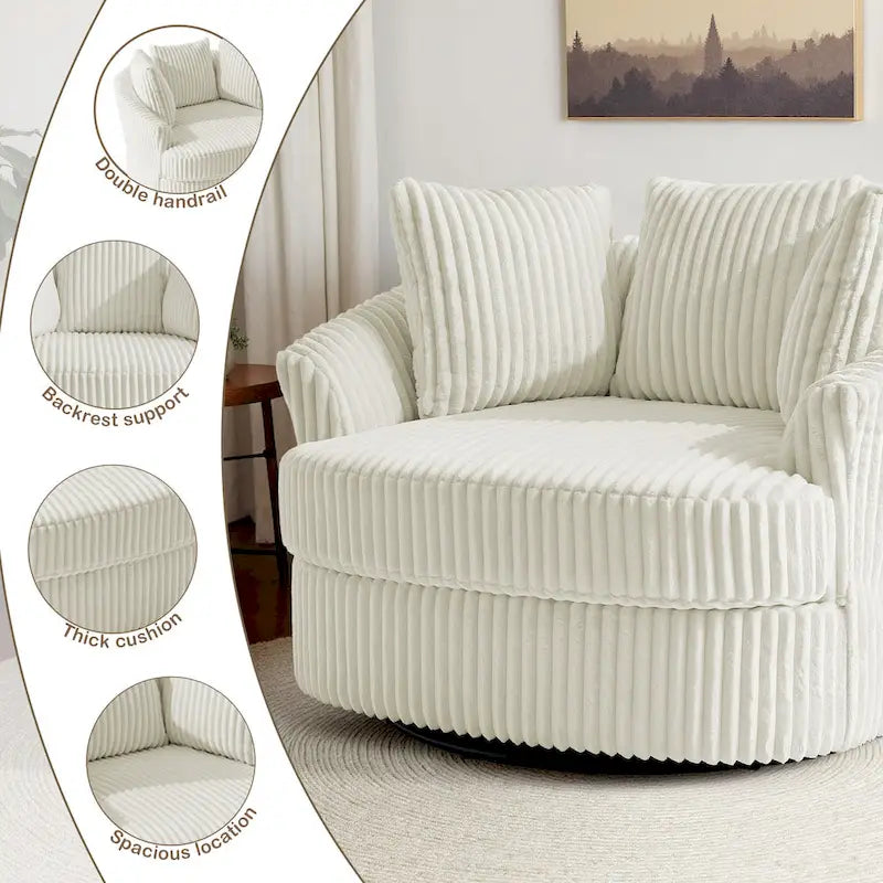 2 Set Oversized 43 W Plush Corduroy Swivel Barrel Chair with Pillows – Image 20