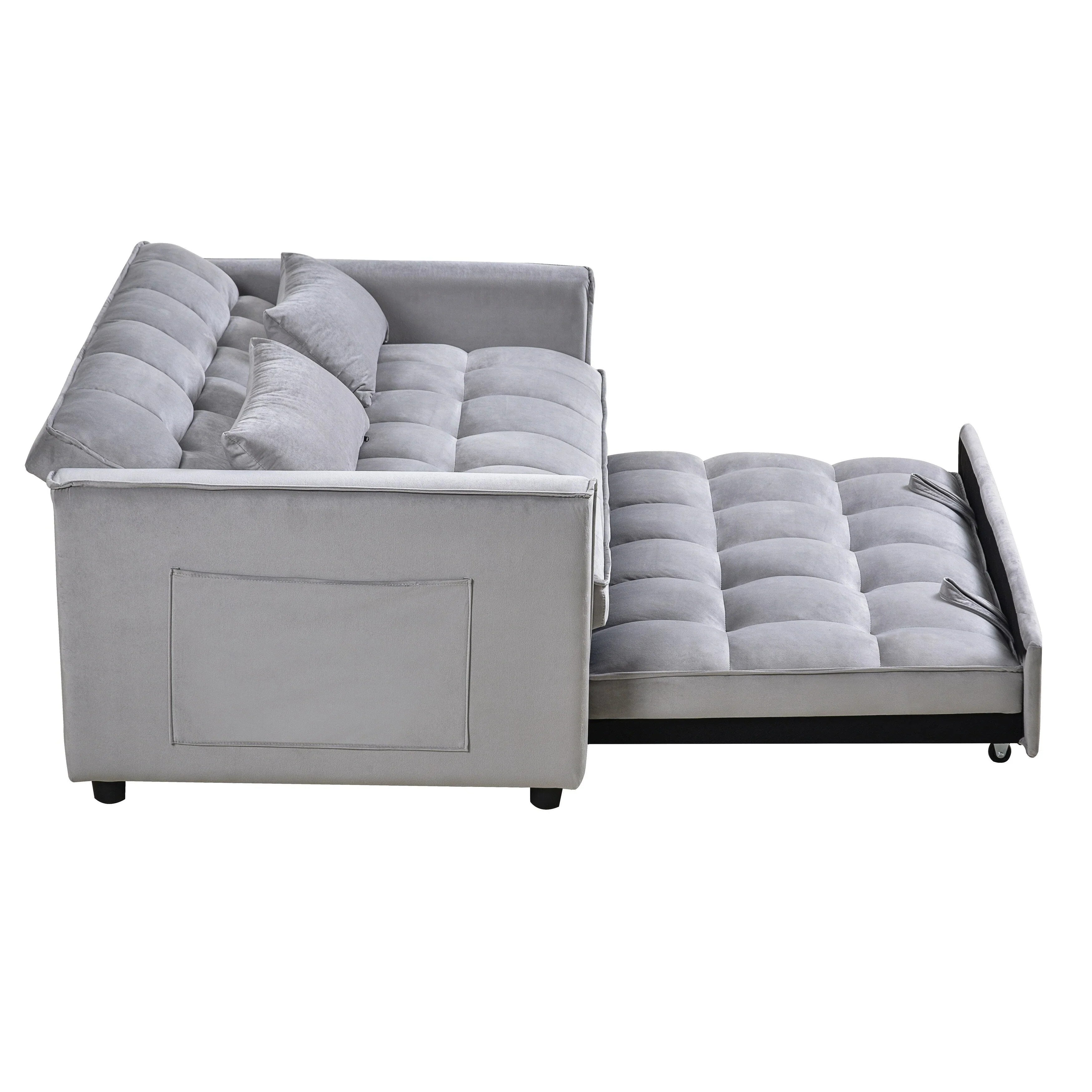 Modern Pull-Out Couch Bed, 3-in-1 Sleeper Sofa with Adjustable Backrest, Velvet Loveseat, Pillows & Side Pockets – Image 10