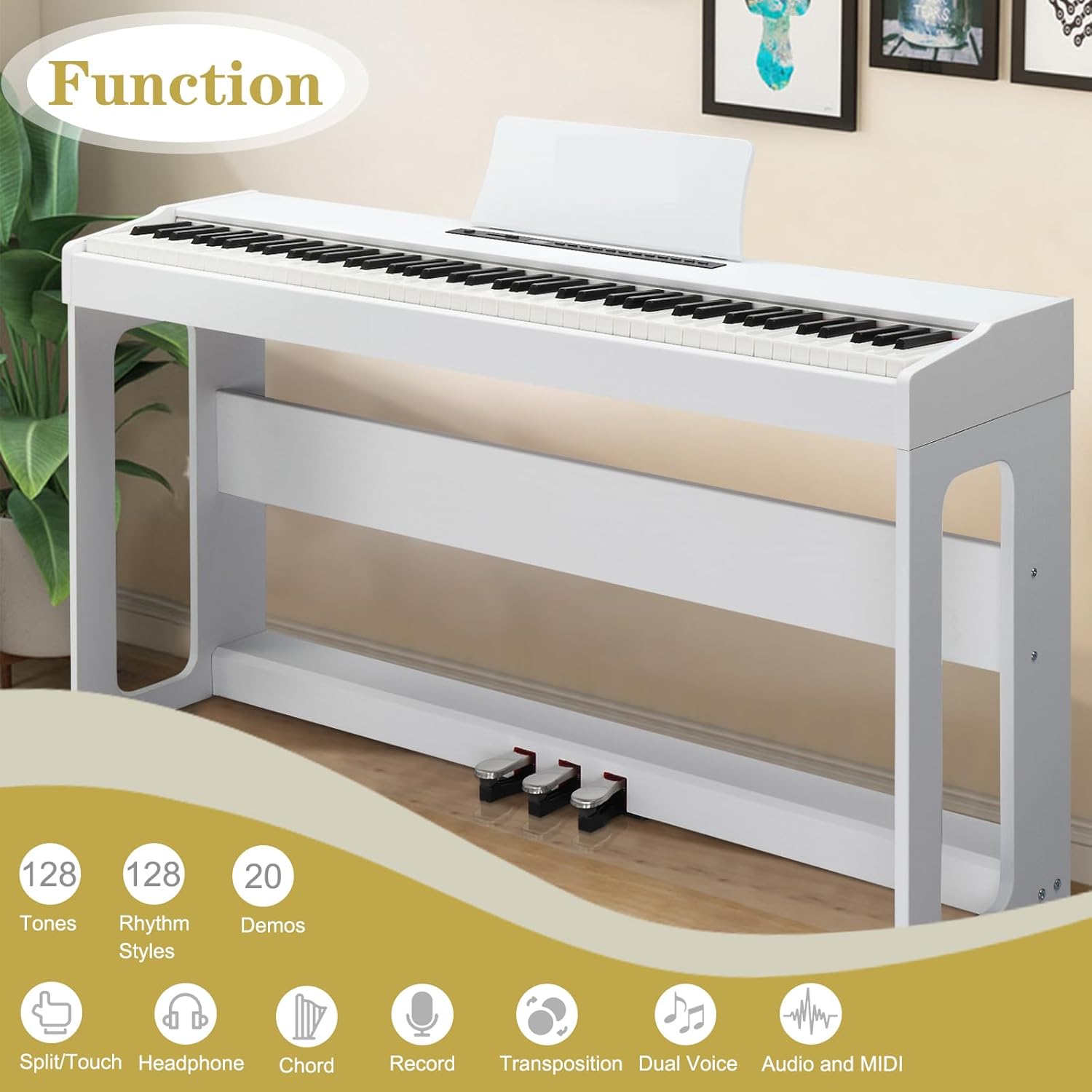 LEADZM Piano Numérique 88 Touches, Clavier Entièrement Lesté, Piano Électrique avec MIDI-USB, Bluetooth et Haut-Parleurs Stéréo, 128 Sonorités et Rythmes, Système à 3 Pédales, Blanc – Image 2