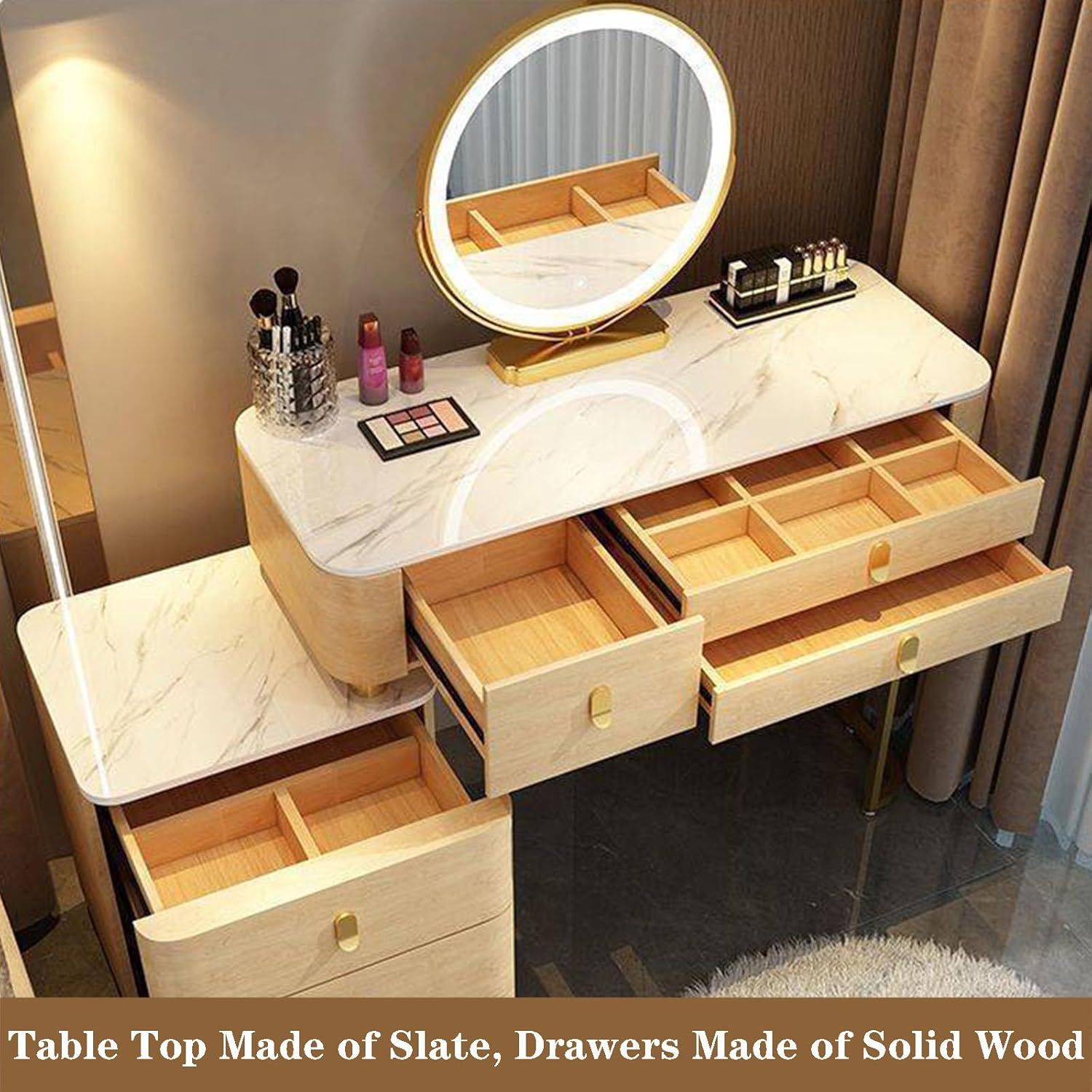 Meedlopia Coiffeuse Luxe Miroir LED HD 3 Teintes, Table d'Appoint Déplaçable, Surface Marbre - Coiffeuse Élégante avec Tabouret de Rangement pour Femmes et Filles – Image 3