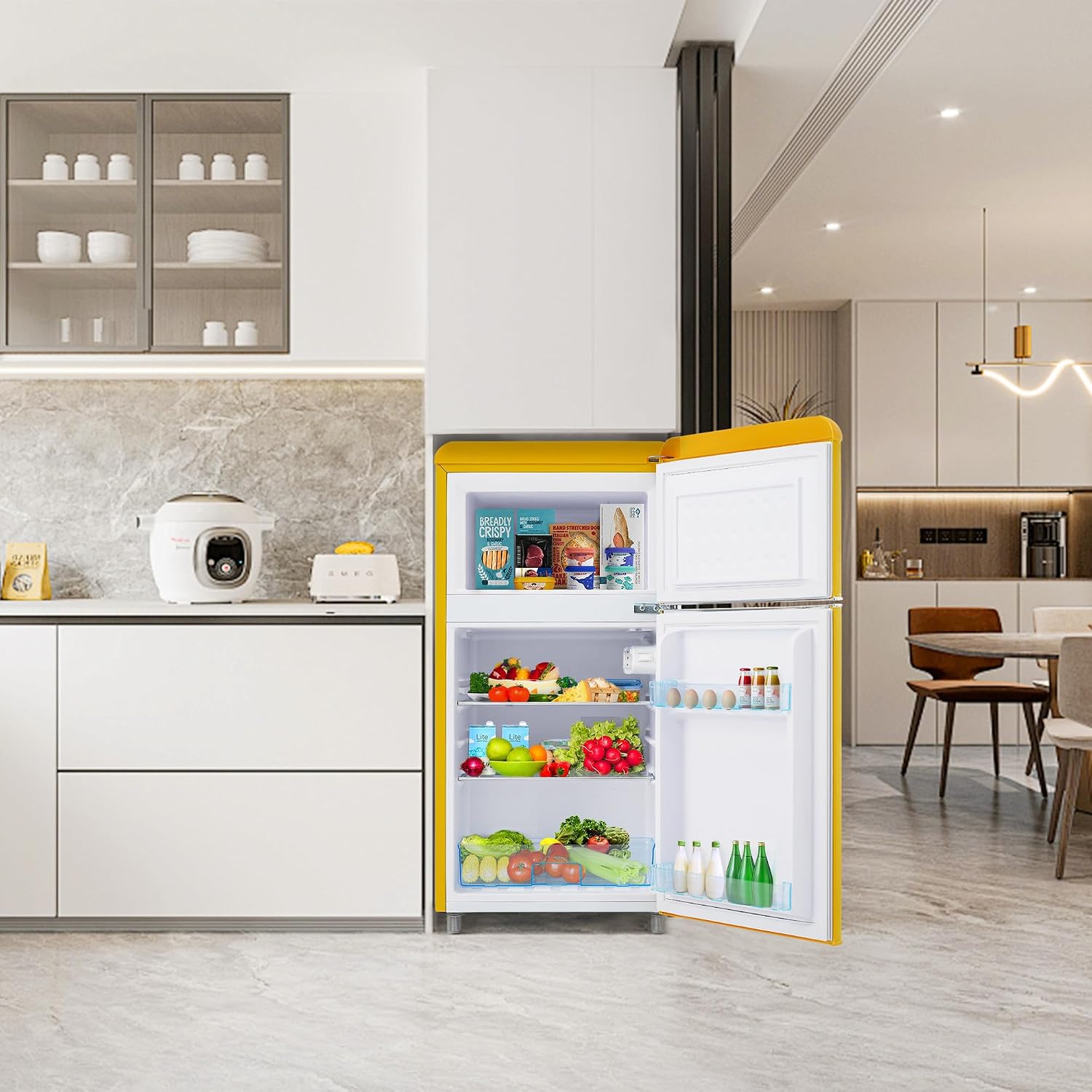 Réfrigérateur-congélateur Style rétro, Deux Portes, capacité Totale de 72 litres, Compartiment congélateur de 21 litres, consommation énergétique de 120 kWh/an, éclairage LED Yellow – Image 10