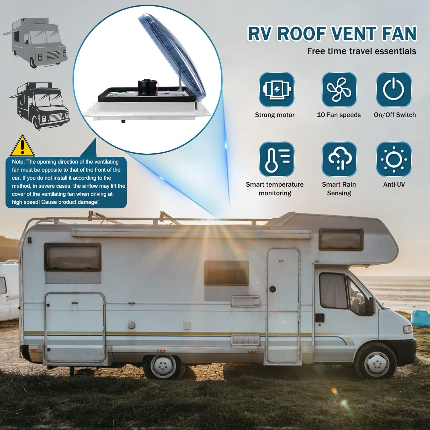 Brolteja Ventilateur de toit camping car,12V RV Ventilateur D'éChappement De Toit,Lanterneau Camping car d'extraction Réversible,40 * 40cm Avec Protection Contre Les Insectes Lucarne – Image 7