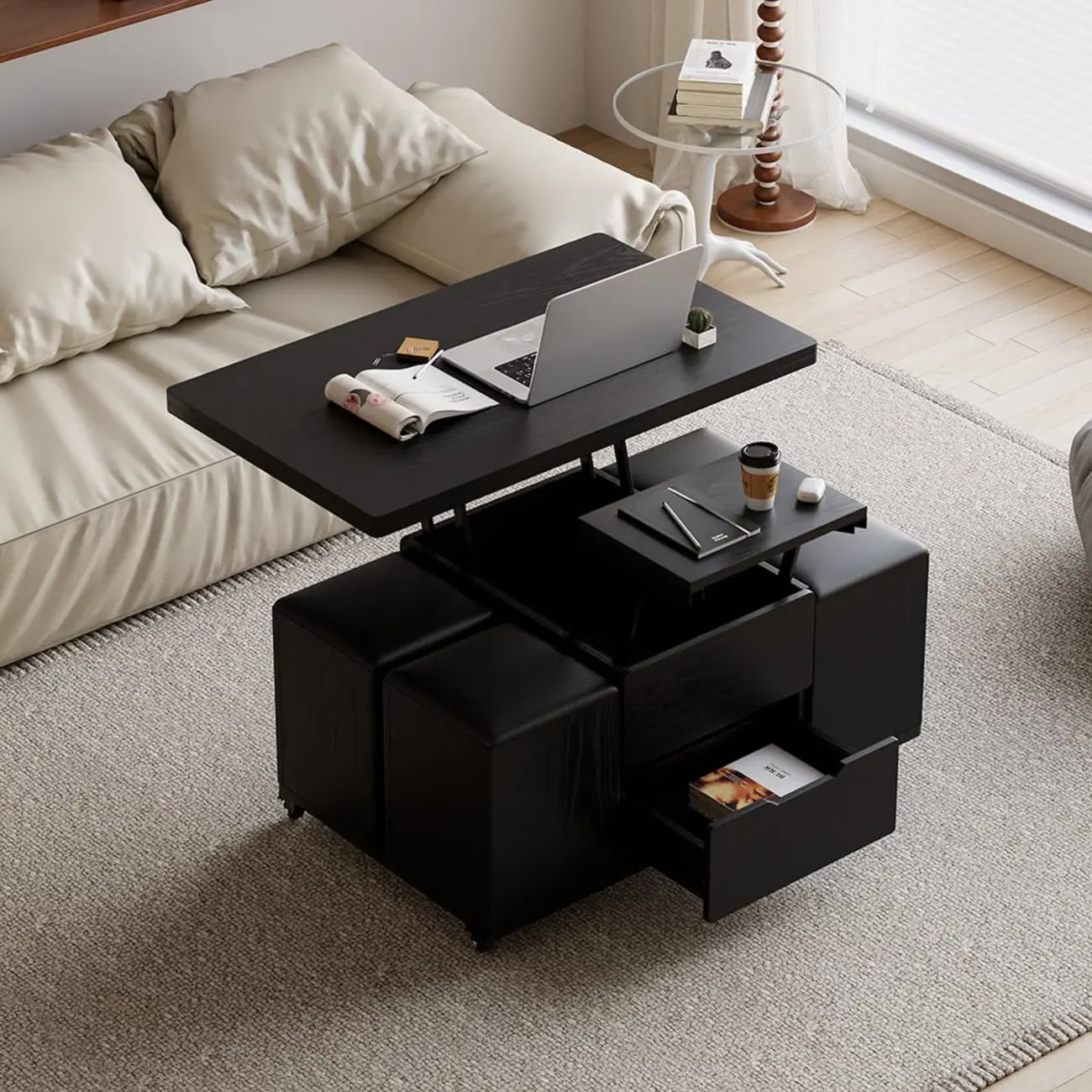 Foldable Lift-Top Coffee Table with 4 Stools & Storage – Image 25