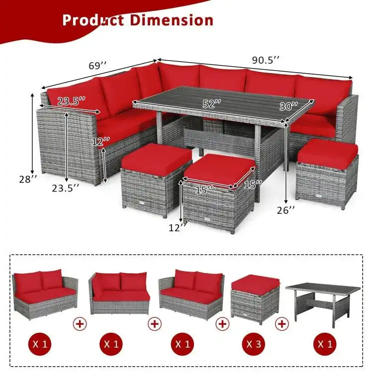 7 Pcs All-Weather Patio Rattan Dining Furniture Sectional Sofa Set with Wicker Ottoman and Cushed Couch – Image 11