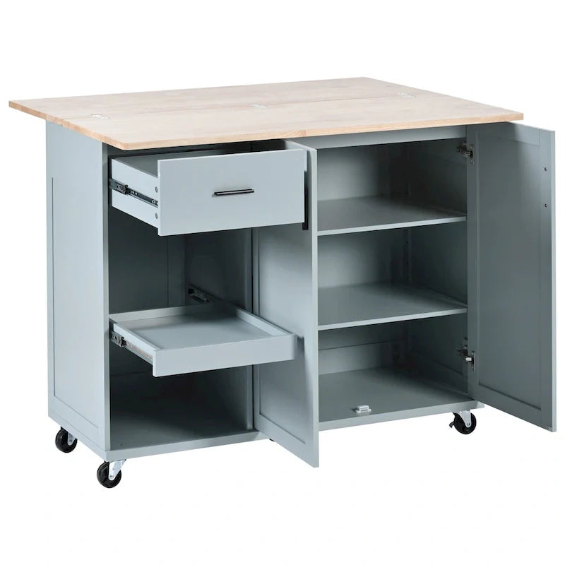 Kitchen Island with Foldable Counter Top, Kitchen Storage Cart with Slide-Out Shelf, Towel Rack and Drawer, Rolling Wheels – Image 15