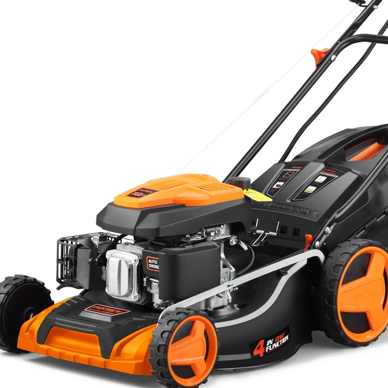 FUXTEC 4en1 Tondeuse Thermique Démarrage Électrique FX-RM5196eS - Largeur de Coupe 51cm, Système autotracté, Fonction Mulching, Réglage Central de la Hauteur de Coupe, 60L Bac de ramassage