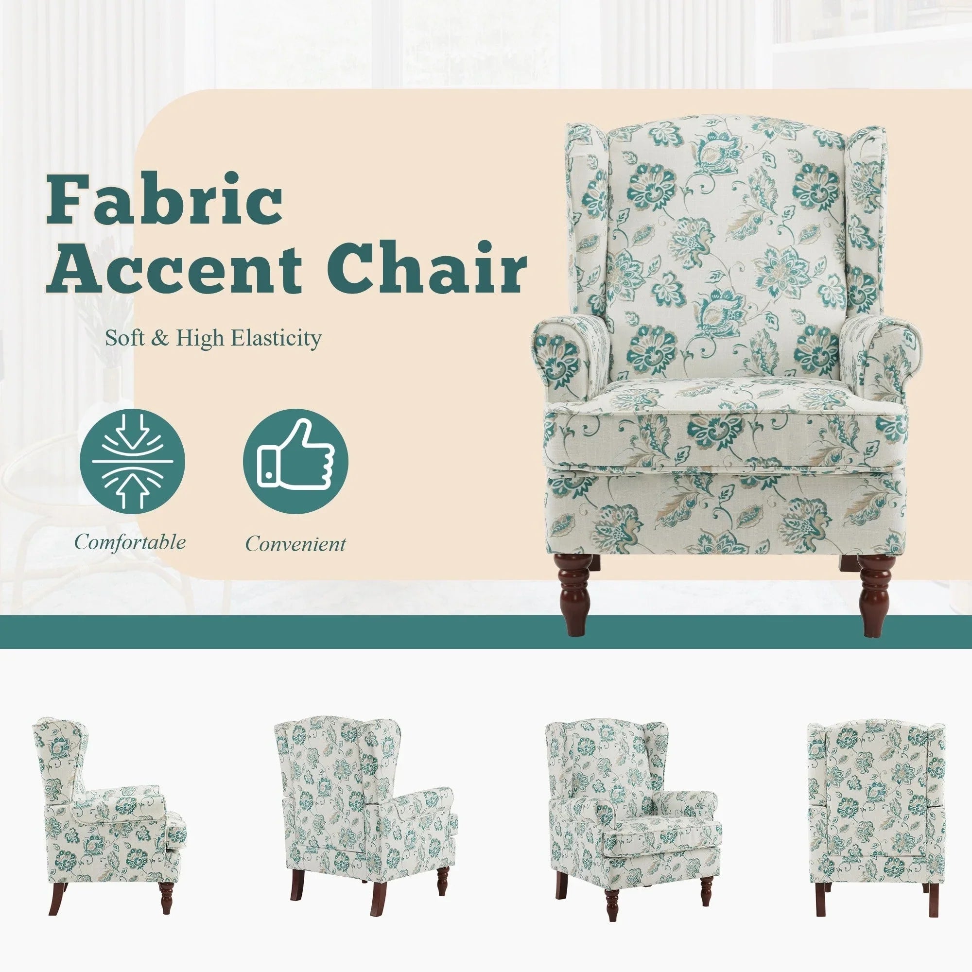 Erommy Modern Accent Chair, High Back Armchair, Upholstered Fabric Button Single Sofa with Wooden Legs for Living Room – Image 142