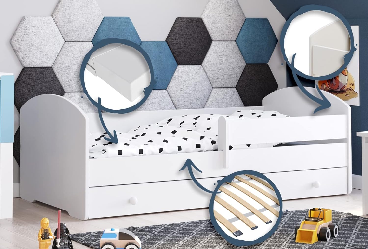 KOBI Lit Enfant LUK avec Matelas, Blanc | pour Chambres d'enfants | pour Un garçon et Une Fille | Lit Bebe pour Enfants | (avec tiroir, 140x70) – Image 5