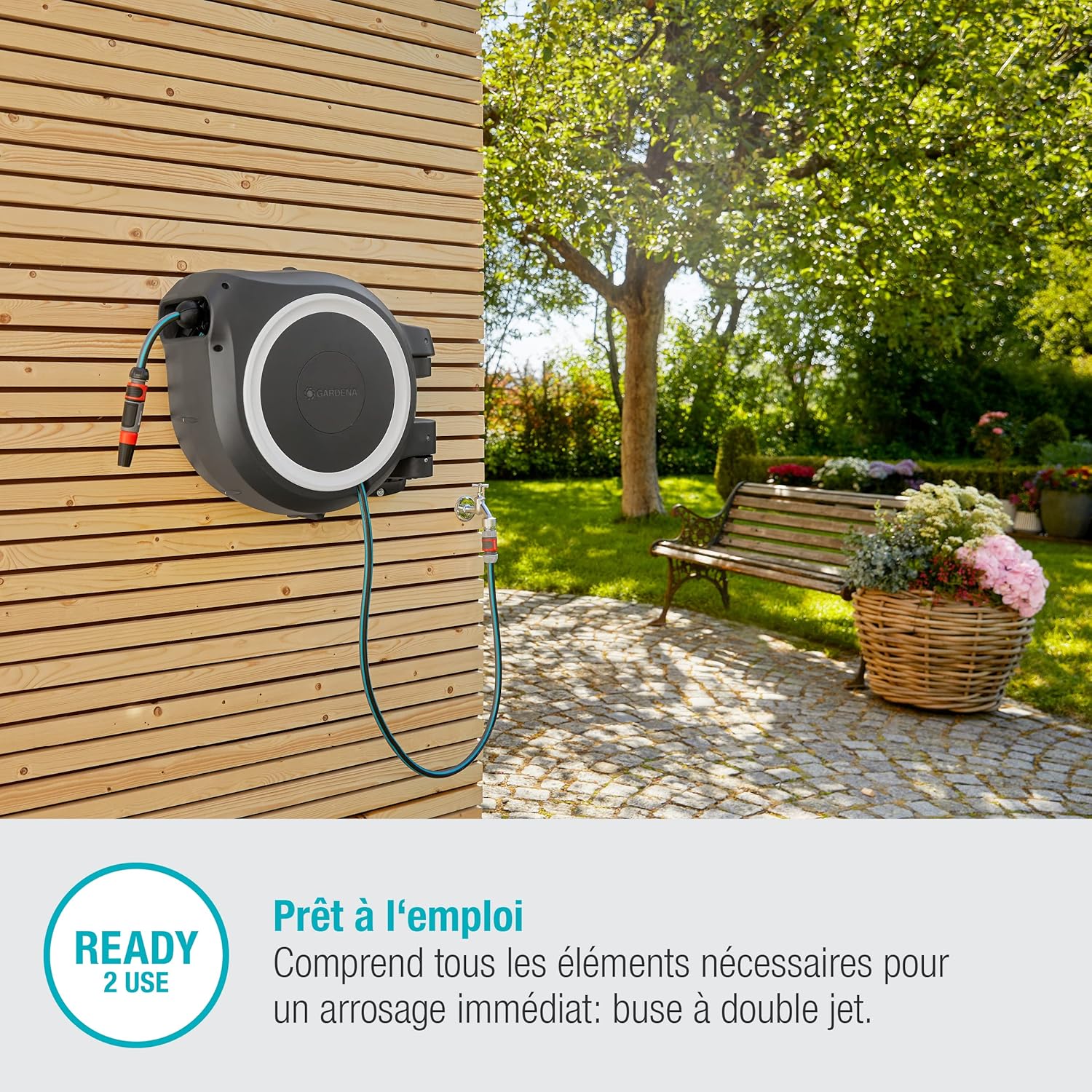 Gardena Enrouleur de Tuyau Mural Rollup L (Blanc) – Longueur 30m – Ø13mm– Garantie 5 Ans– Dévidoir pivotant à 180°– Kit Complet avec Lance, raccord, Tuyau et Support Mural Inclus (18627-20) – Image 5
