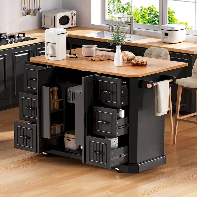 Expandable Drop-Leaf Kitchen Island, Kitchen Cart on 4 Wheels with Power Outlet, Moveable Island Table with 2 Door & 6 Drawers – Image 3