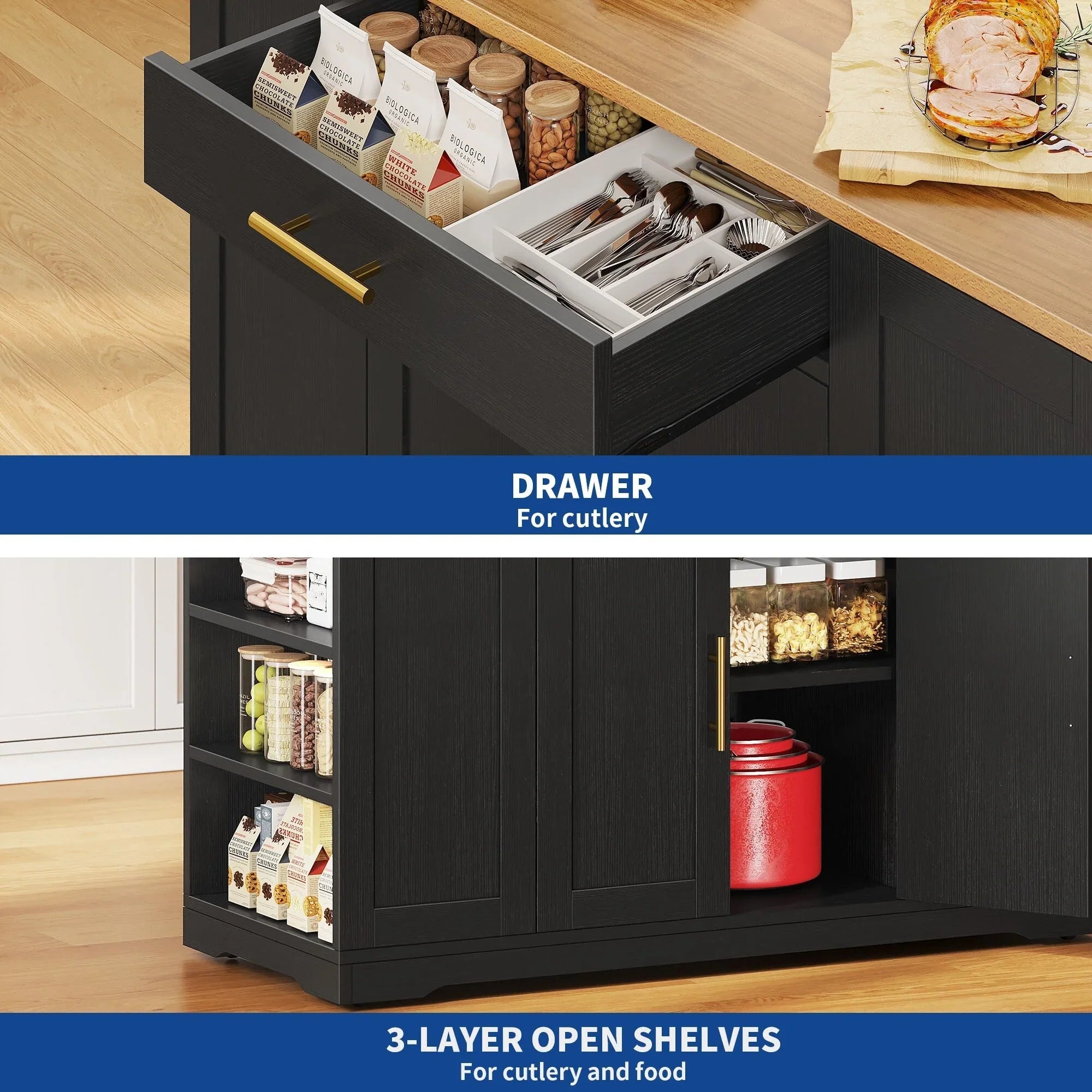 Moasis 53-inch Rolling Kitchen Island Storage Cabinet Portable Mobile Kitchen Cart – Image 22