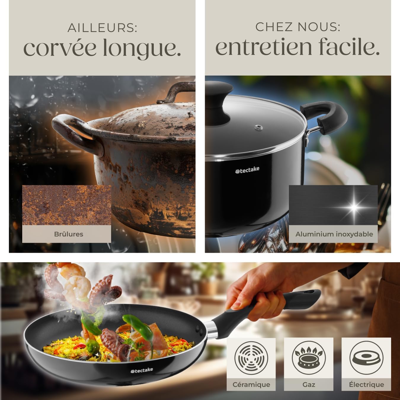 tectake® Set de cuisine 45 pièces, Service de table 6 personnes et Batterie de cuisine, Poêles, Casseroles, Assiettes plates, Assiettes creuses, Bols, Tasses, Louche, Spatule, Vaisselle en grès – Image 7