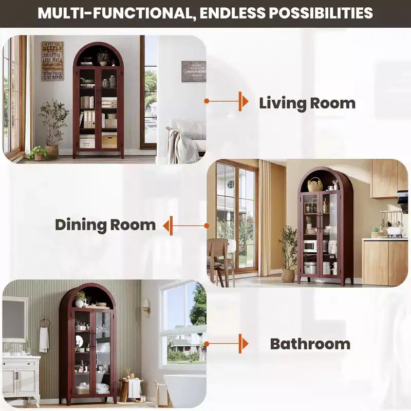 Tall Arched Storage Cabinet with Glass Doors, 5-Tier Display Bookcase with Adjustable Shelves for Kitchen or Living Room – Image 14