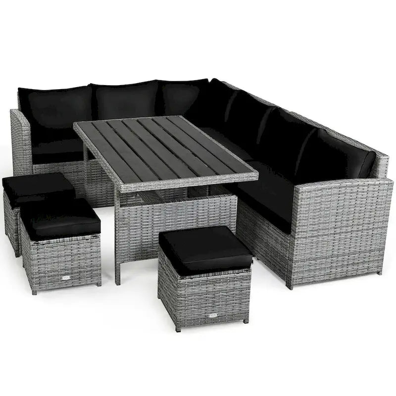 7 Pcs All-Weather Patio Rattan Dining Furniture Sectional Sofa Set with Wicker Ottoman and Cushed Couch – Image 15