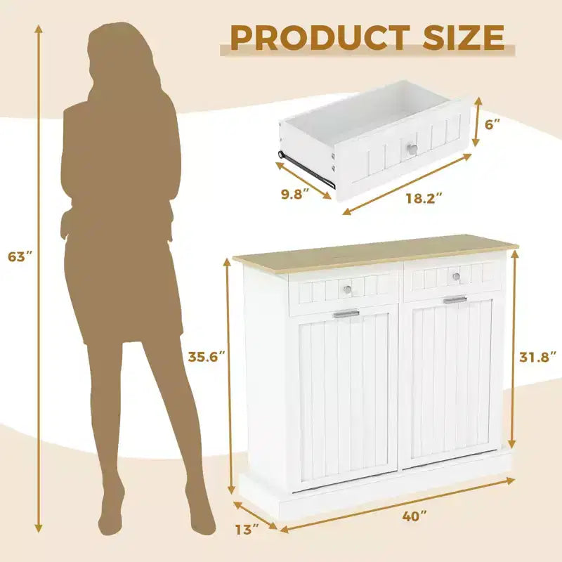 20 Gallons Tilt Out Trash Cabinet, 2 Door Wood Garbage Recycling Cabinet with Drawer, Freestanding Pet Proof Trash Bin for Kitchen Living Room – Image 3