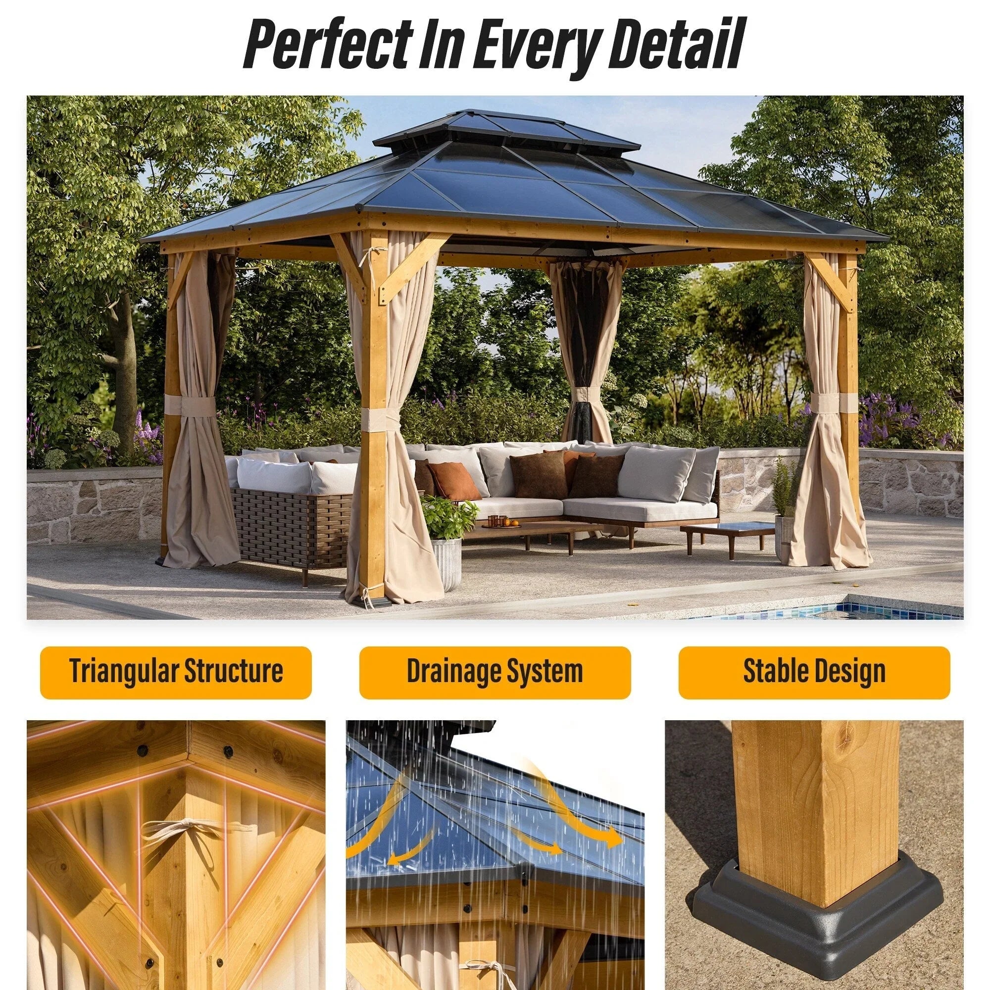 EROMMY Hardtop Gazebo,Outdoor Pergola with Double Roof & Netting & Curtains,Heavy Duty Canopy for Patio, Backyard, Pool party – Image 128