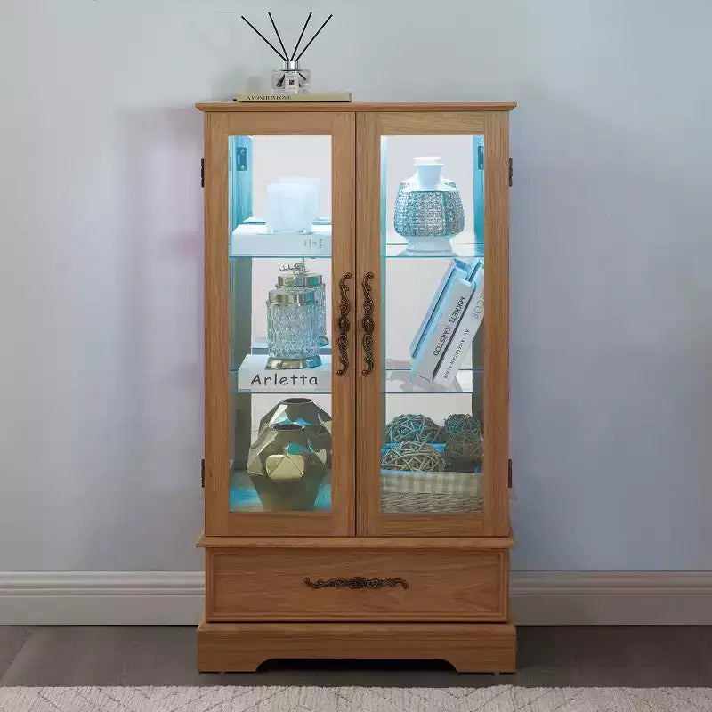 Lighted Glass Curio Cabinet with Adjustable Shelves - Elegant 2-Door Display Cabinet & Built-in Drawer, Includes Bulb – Image 37