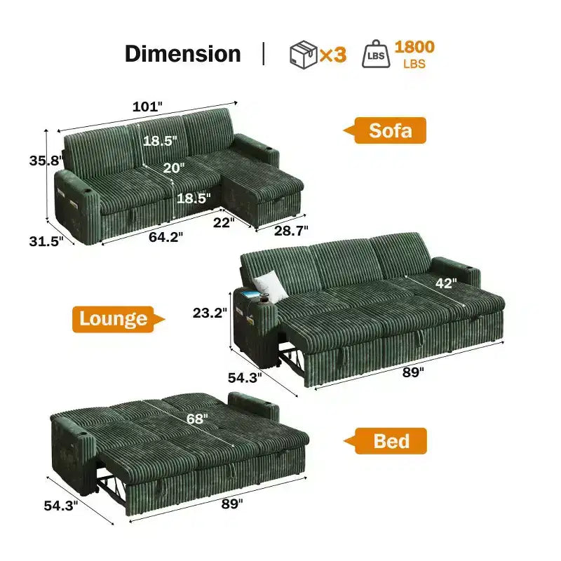 L-Shaped Sectional Sleeper Sofa with Pull-Out Bed, USB Ports & Storage – Image 18