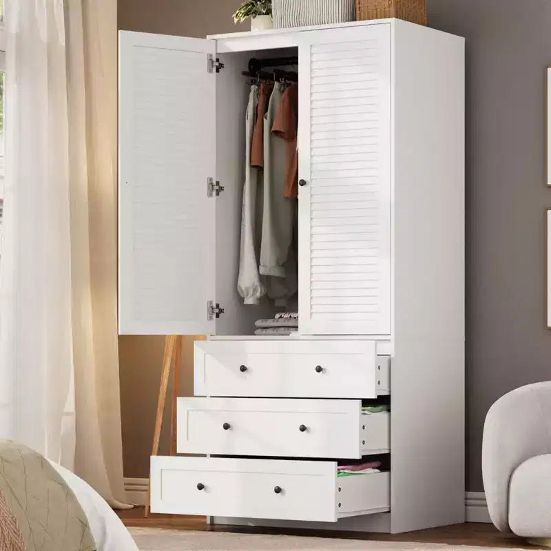 COZONY Armoire Wardrobe with 3 Drawers & 2 Doors, Modern Wooden Closet Cabinet for Bedroom, Heavy Duty White Standing Armoire – Image 3
