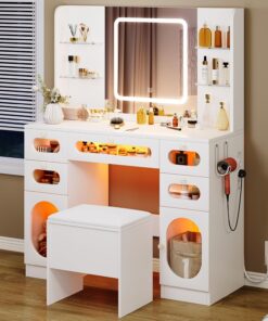 YITAHOME Grande Coiffeuse avec Miroir LED et Prises 3 Couleurs Luminosité Réglable, Blanche Bureau Coiffeuse avec Tabouret 5 Tiroir et 2 Armoire 4 Étagères Rangement, RGB Moderne Couffeuse