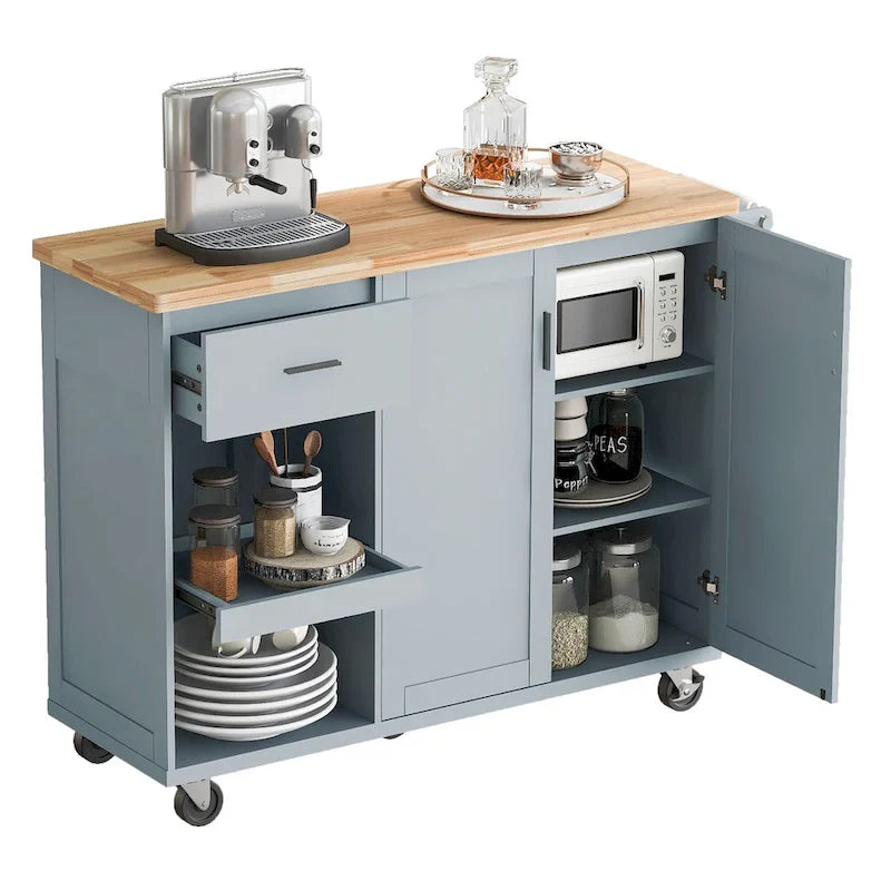 Kitchen Island with Foldable Counter Top, Kitchen Storage Cart with Slide-Out Shelf, Towel Rack and Drawer, Rolling Wheels – Image 10