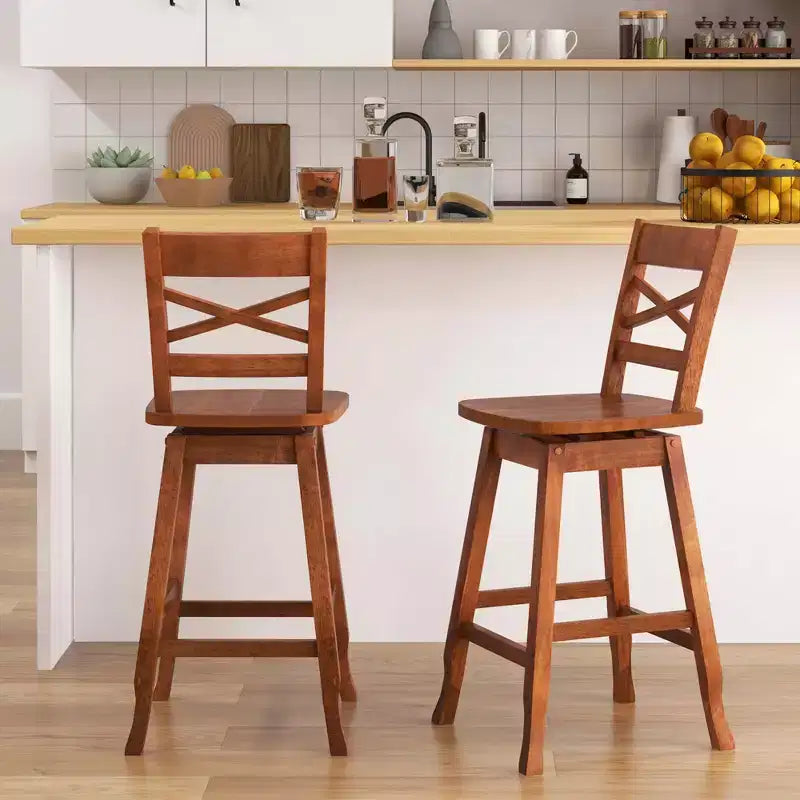 Costway 2 PCS 24/30 Counter/Bar Height Stool Rubber Wood Swivel Bar Stool with Inclined Backrest Walnut – Image 2