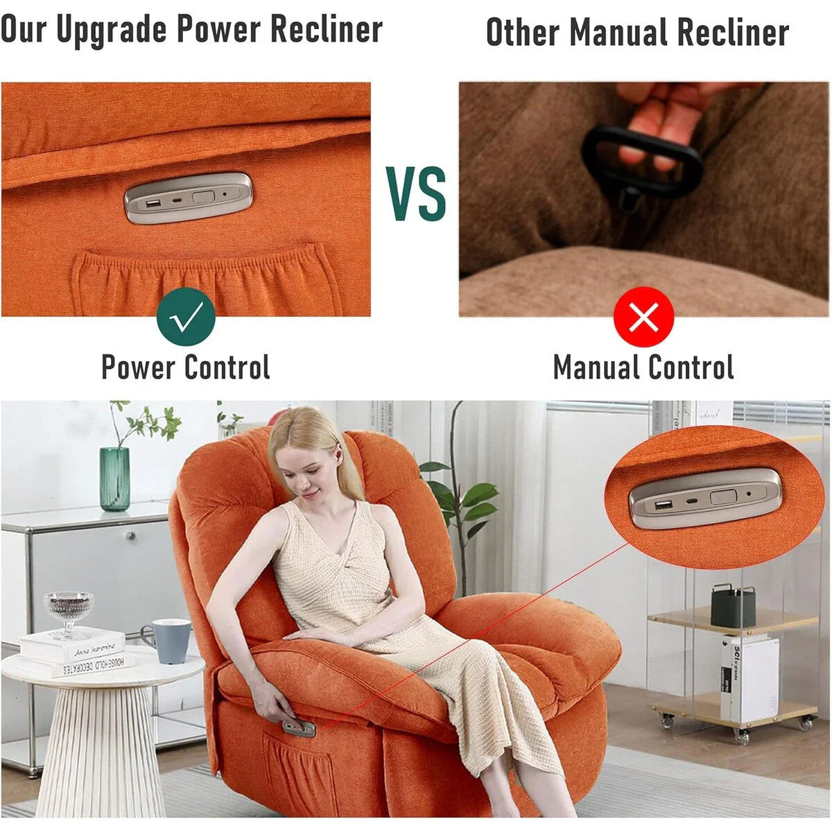 XINMICS Swivel Power Recliner Chair, Massage Rocker Recliners with Heated ,USB, USB-C and Side Pocket – Image 14