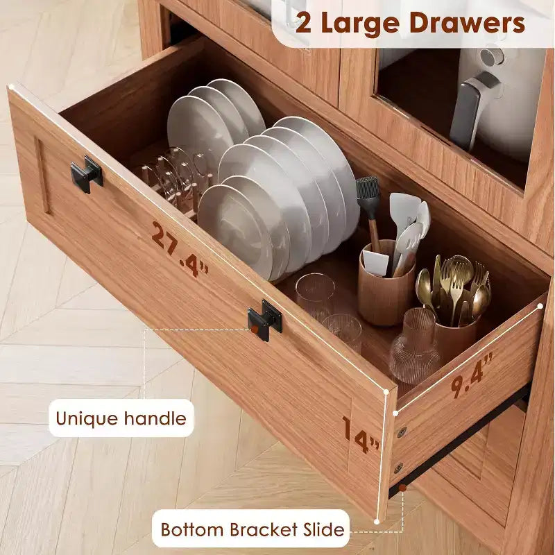 Farmhouse Kitchen Pantry Cabinet with Glass Doors, 72in Storage Cupboard with Drawers and Adjustable Shelves for Dining Room Bathroom Living Room – Image 18
