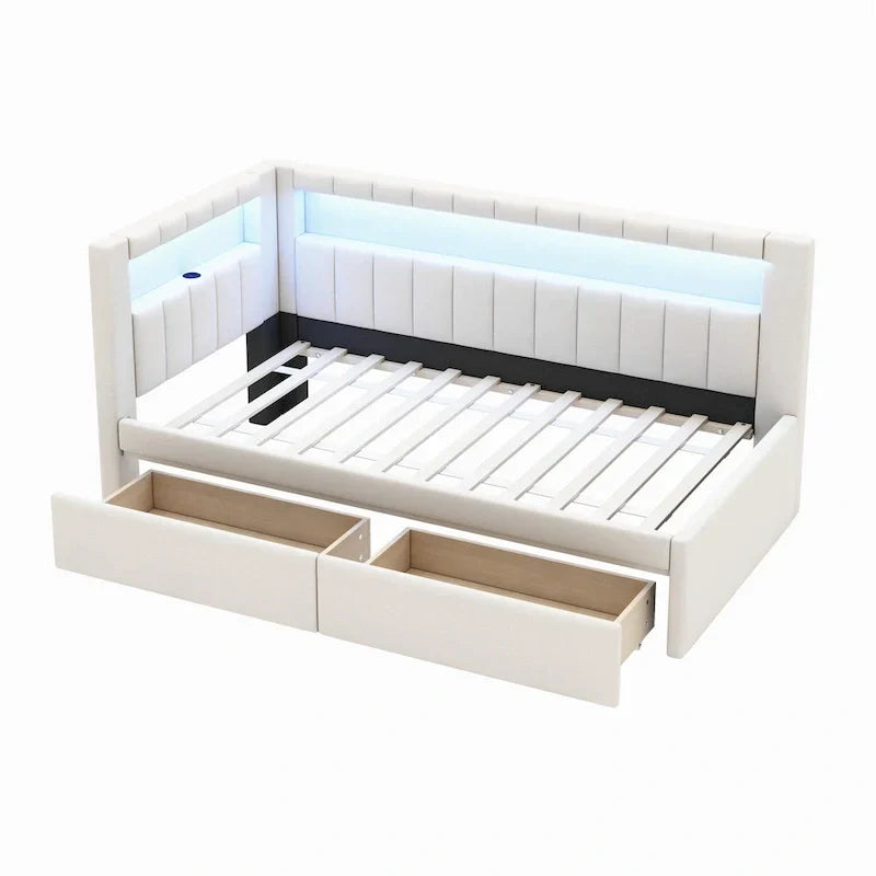Upholstered Platform Bed with USB Ports & LED Lighting - Full/Twin Size Bed Frame with 2 Storage Drawers - Modern Bedroom – Image 9