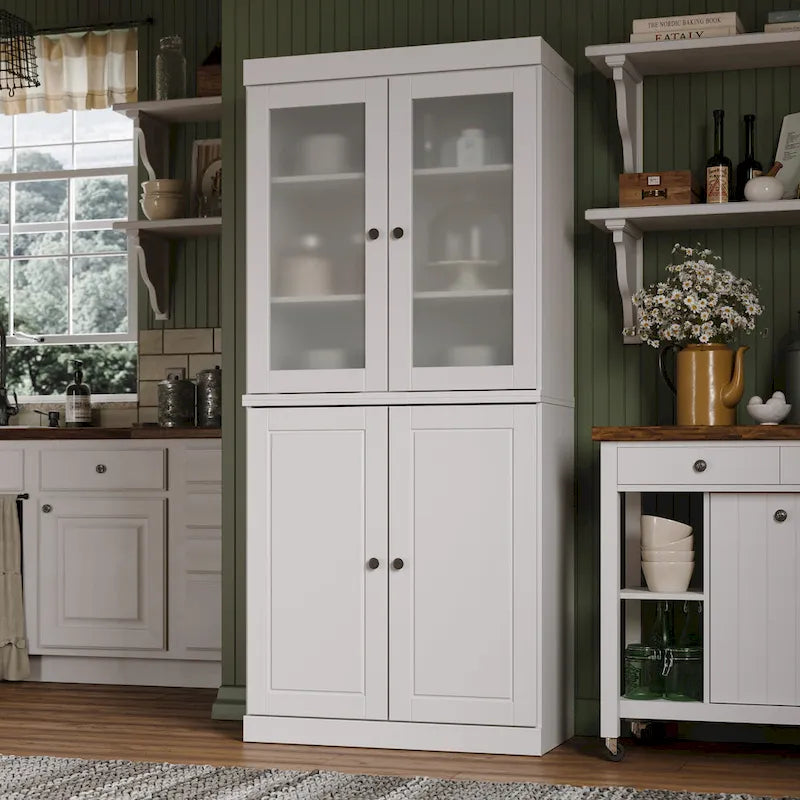 100% Solid Wood Pantry Cabinet with Frosted Glass Doors, Solid Doors, 2-Drawers and Adjustable Shelves – Image 6
