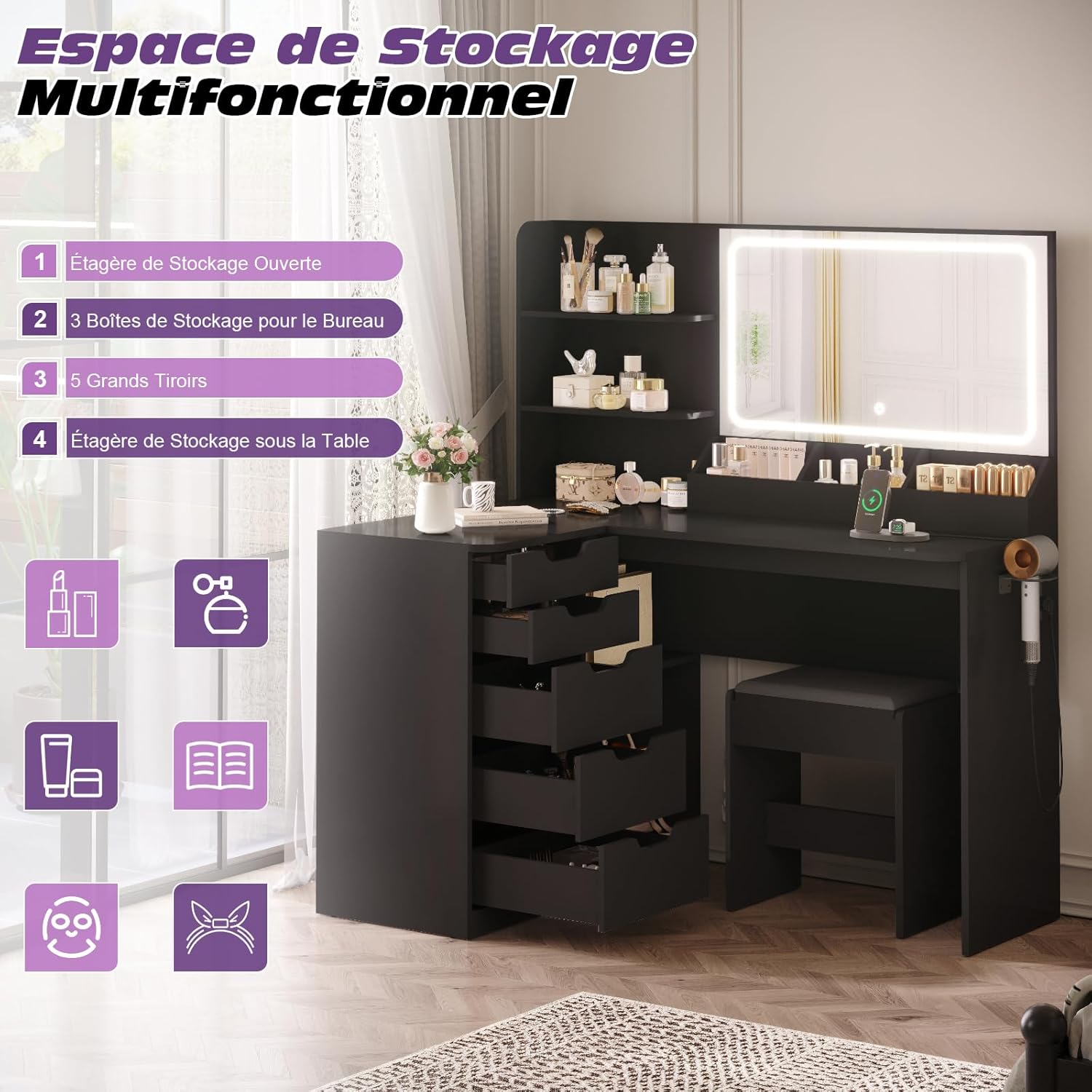 TRIUMPHKEY Coiffeuse avec Grand Miroir LED et Tabouret,Table de Maquillage en L avec Multiprise y Support de Sèche-Cheveux,5 Tiroirs,Cloison de Rangement,Étagères,Coiffeuse Moderne Noir – Image 2