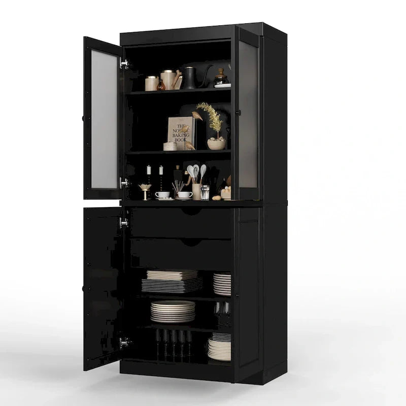 100% Solid Wood Pantry Cabinet with Frosted Glass Doors, Solid Doors, 2-Drawers and Adjustable Shelves – Image 36