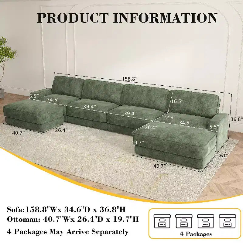 Dyonery 158 Extra Large Modular Sectional Sofa, CHENILLE Fabric with Deep Seat, Tool-Free Assembly – Image 6