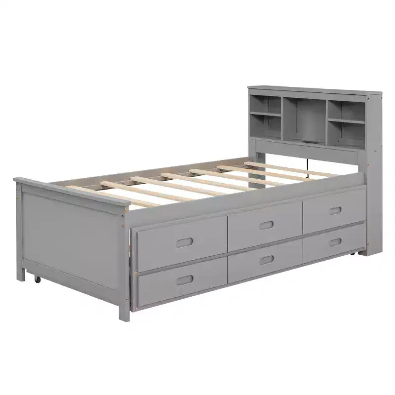 Platform Bed with Trundle and Drawers, Storage Platform Bed with USB, Wood Platform Bed with Bookcase – Image 14