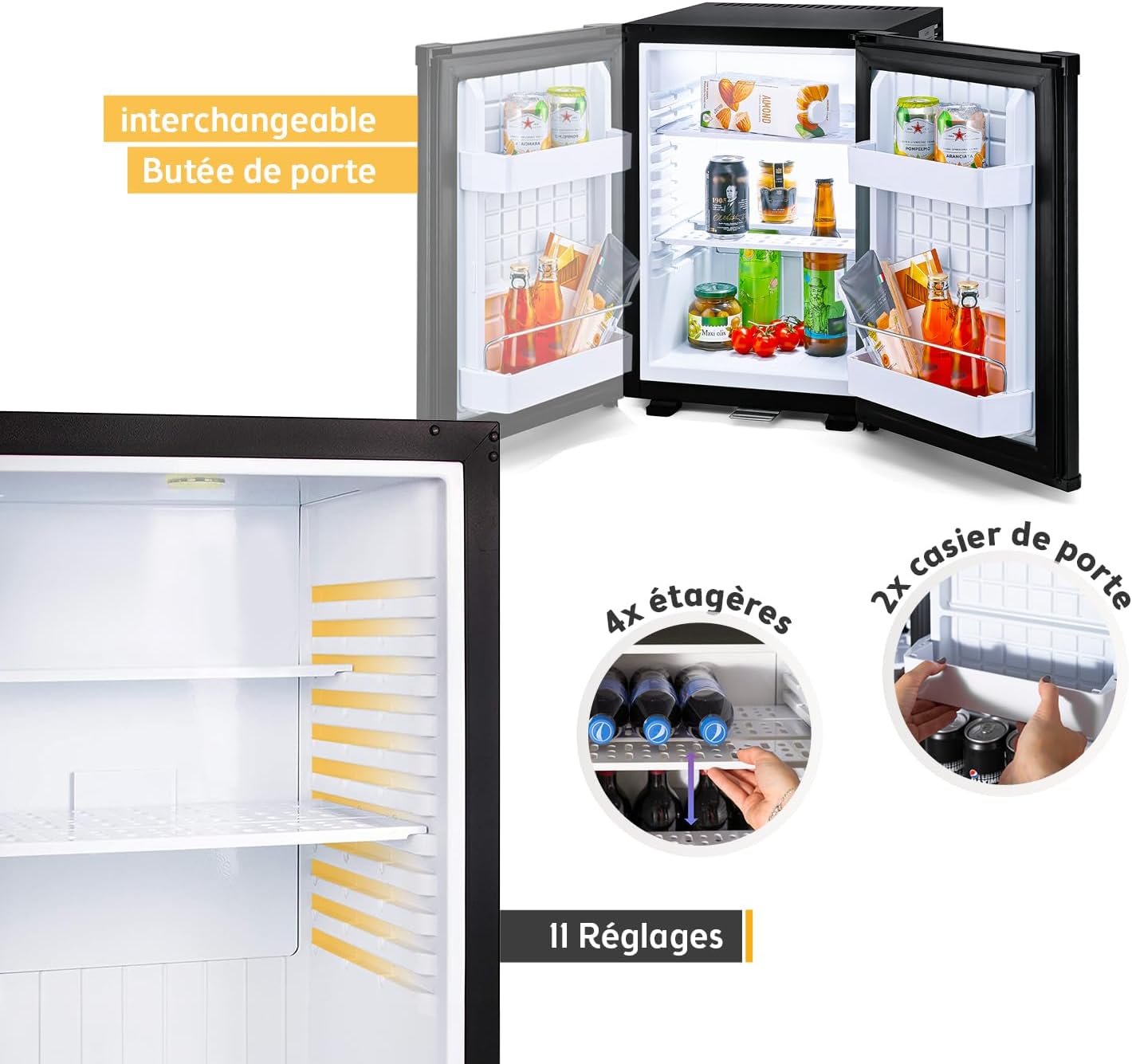 TZS First Austria - Mini réfrigérateur 40L silencieux avec serrure - Petit mini-frigo avec porte réversible et lumière intérieure - Minibar pour camping, bureau, chambre & hôtel - Noir mat – Image 4