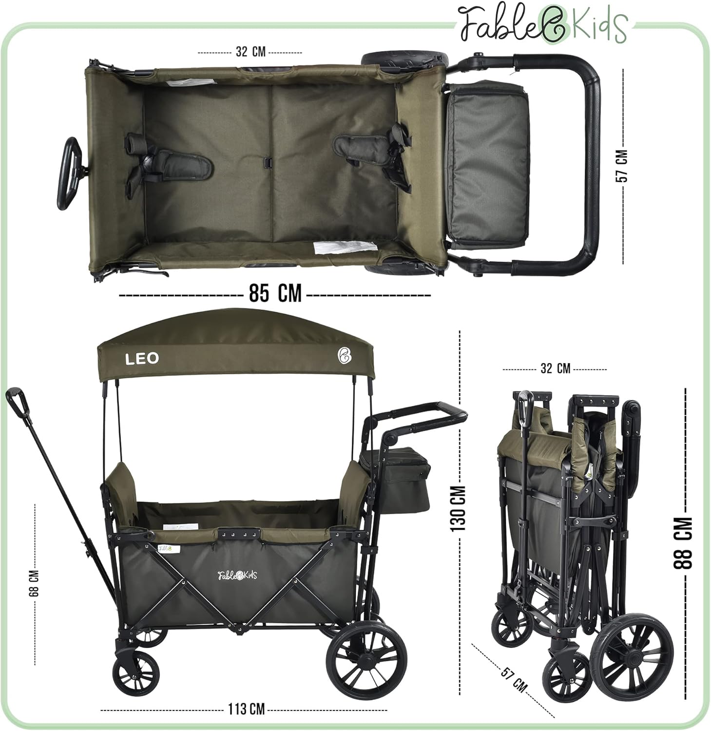 FableKids Chariot Leo X2Lite avec Toit 2 Places Chariot de Transport Pliable Sac arrière Harnais 5 Points Roues 360° Couverture Anti-poussière Incluse Oxford 600D Vert Safari – Image 9