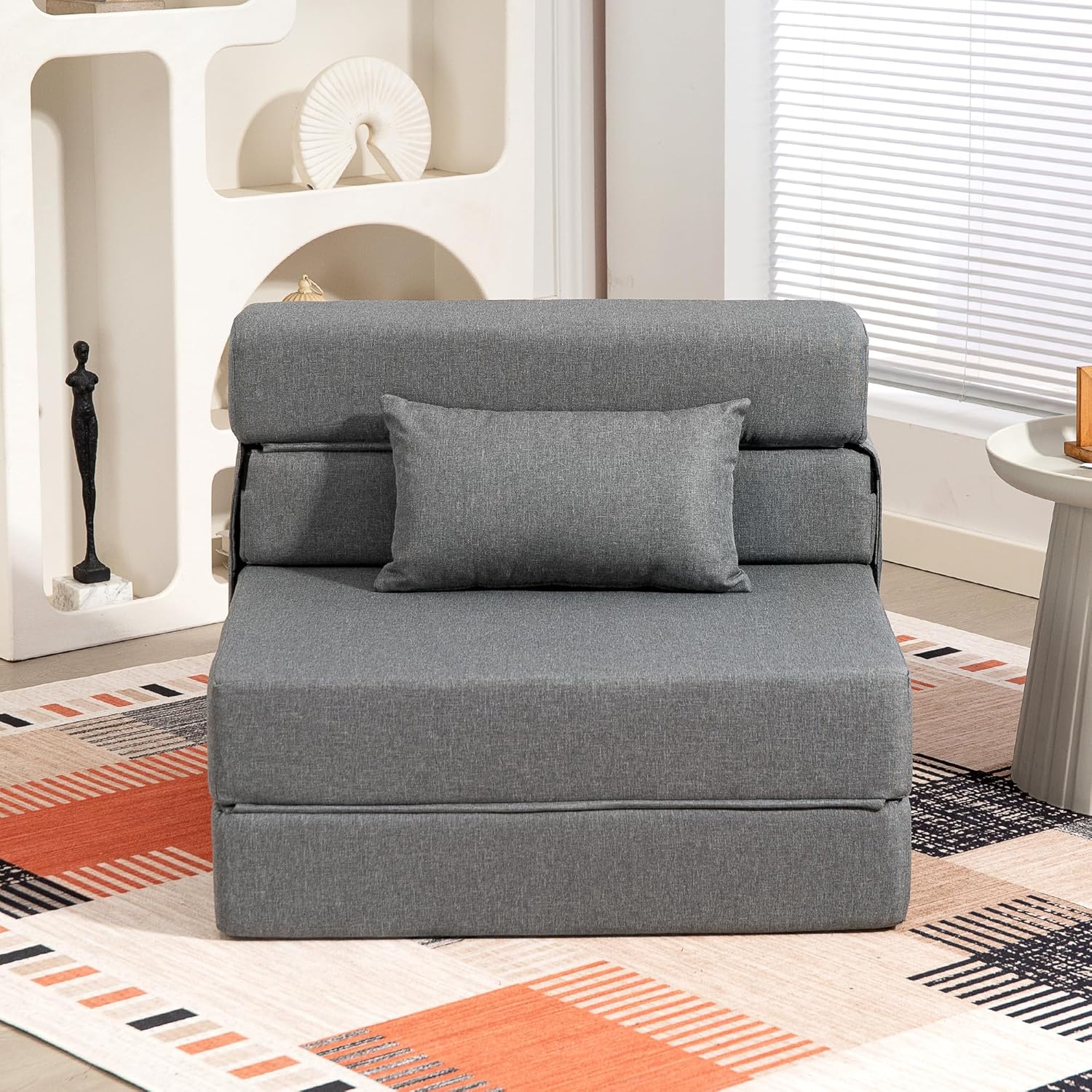 HOMCOM Fauteuil Convertible 1 Place 3 en 1, Fauteuil lit Pliant, chauffeuse 1 Place en Lin avec Large Assise, Coussin Inclus, Matelas Pliable 210 cm pour invités, Salon, Petit Espace, Gris – Image 7