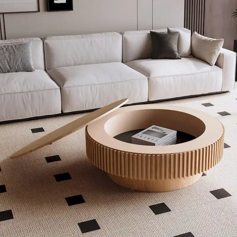 Modern Solid Wood Veneered Round Coffee Tea Table with Storage – Image 39