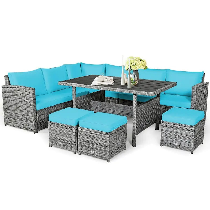 7 Pcs All-Weather Patio Rattan Dining Furniture Sectional Sofa Set with Wicker Ottoman and Cushed Couch – Image 20