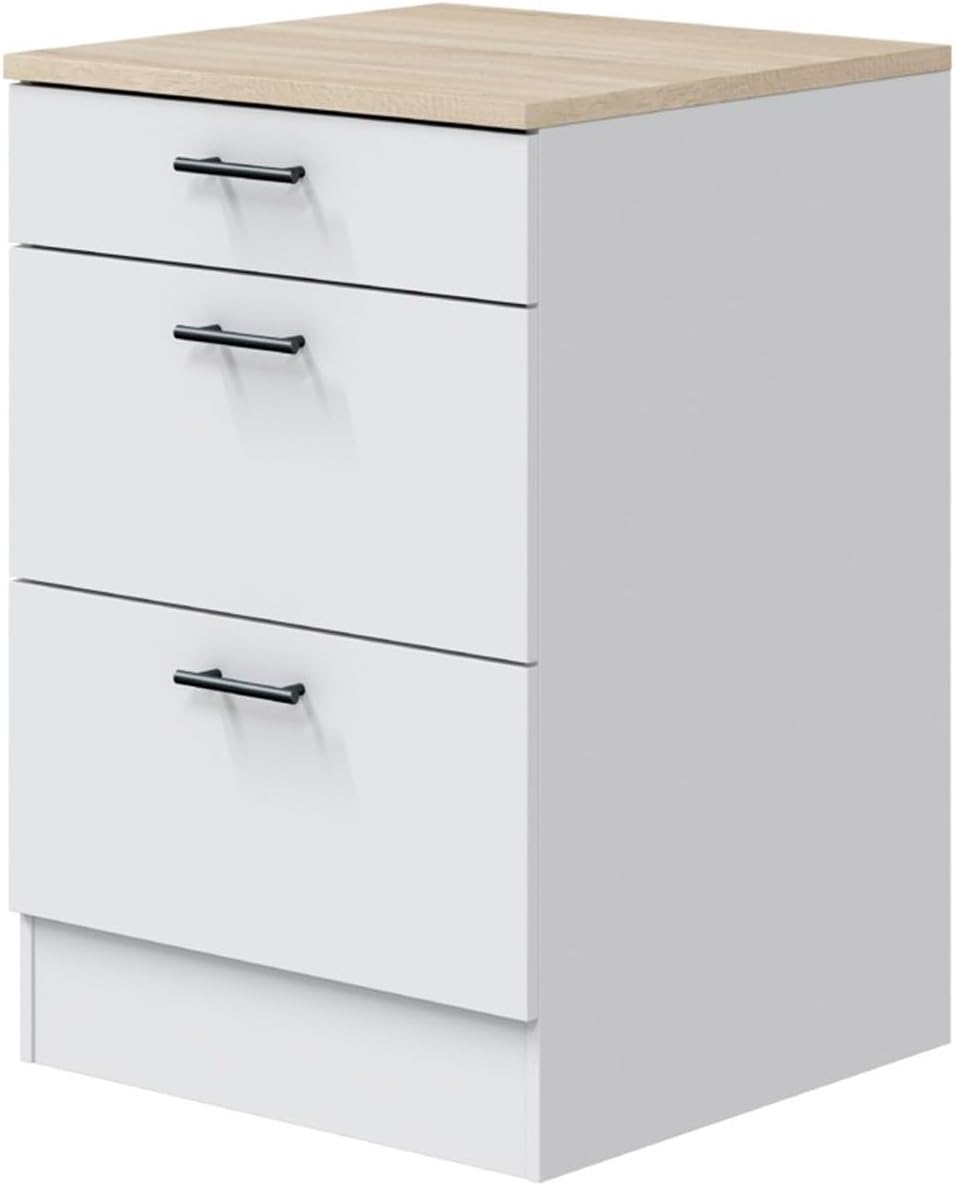PEGANE Meuble Bas de Cuisine de 3 tiroirs avec Plan de Travail Coloris Blanc Brillant/chêne Canadien - Hauteur 90 x Longueur 60 x Profondeur 60 cm