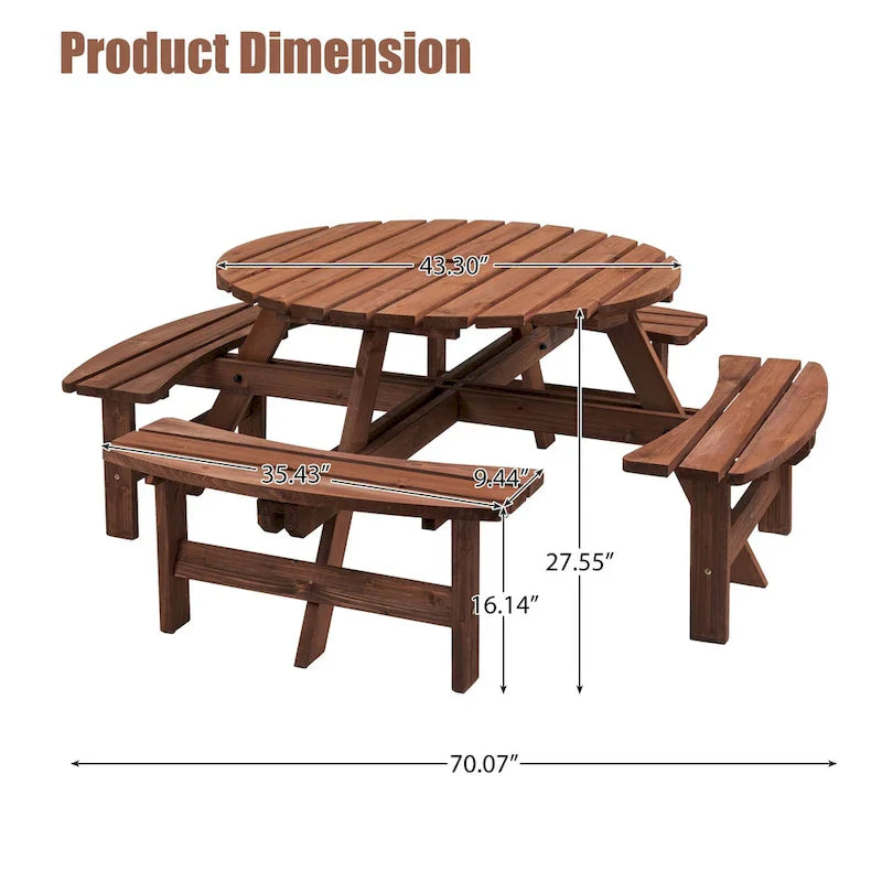 8-Person Outdoor Patio Fir Wood Round Picnic Dining Set with 4 Built-in Benches and Umbrella Hole – Image 5