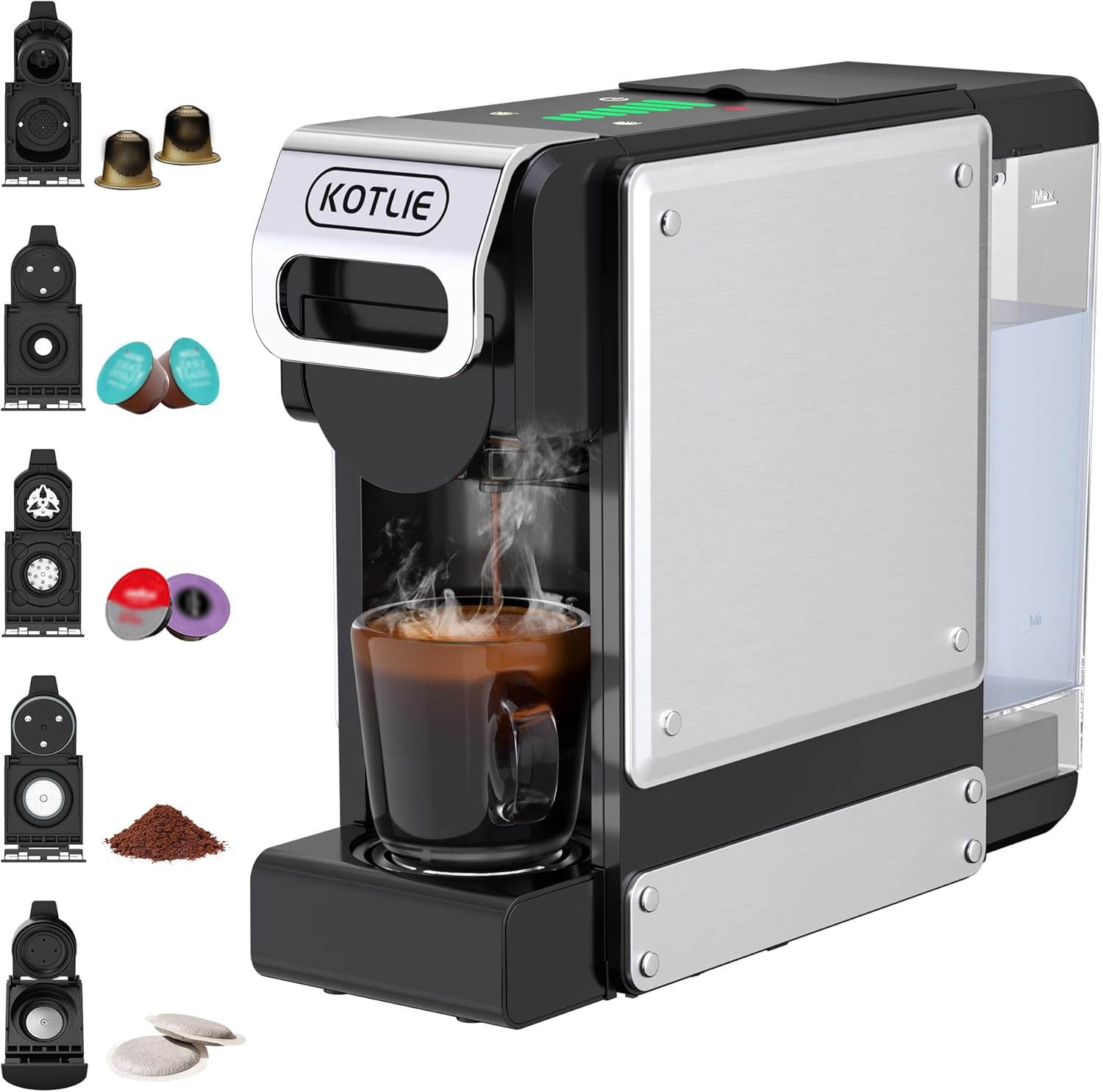 Machine à café à capsules multifonction 5 en 1 pour Nespresso Original/pour Dolce Gusto/A MODO MIO/ESE (44 mm) et café pré-moulu, 7 réglages de débit d'eau (ST-550)
