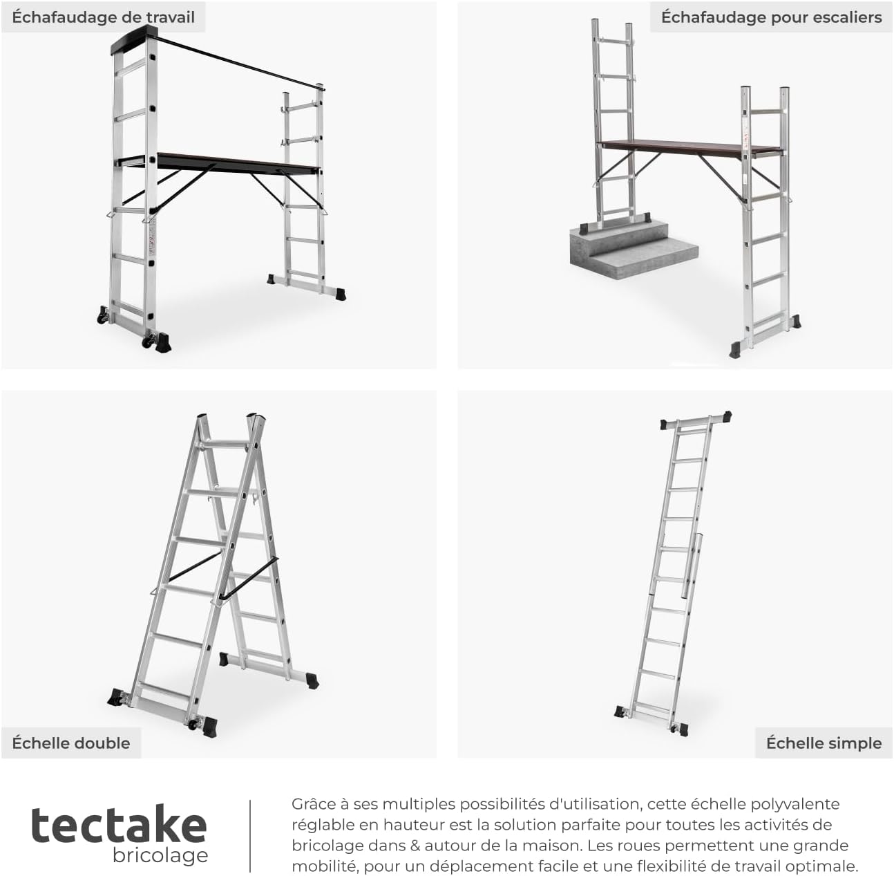 tectake® Échelle Multifonction 3 en 1 Échafaudage Roulant en Acier Plateforme de Travail Antidérapante Échelle Téléscopique Échelle Pliante Escabeau Pliant Bricolage Peinture Toiture – Image 5