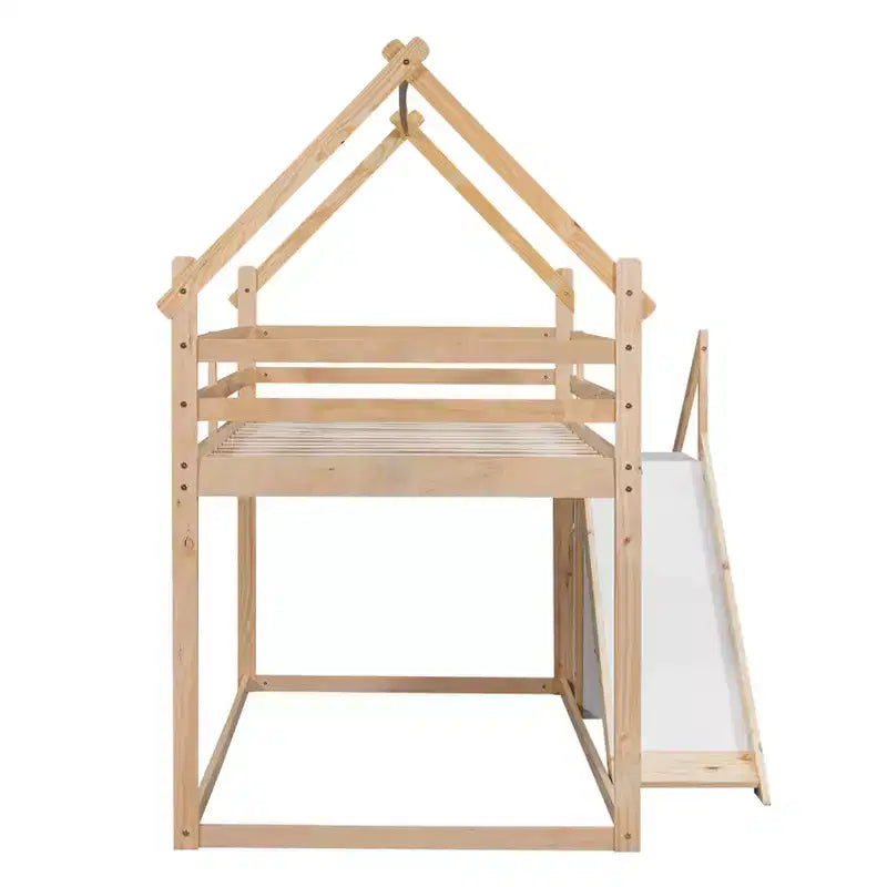 House Bunk Beds with Slide and Storage Stairs, Kids Wood Twin over Twin Bunk Bed with Roof and Stairs for Girls Boys – Image 7