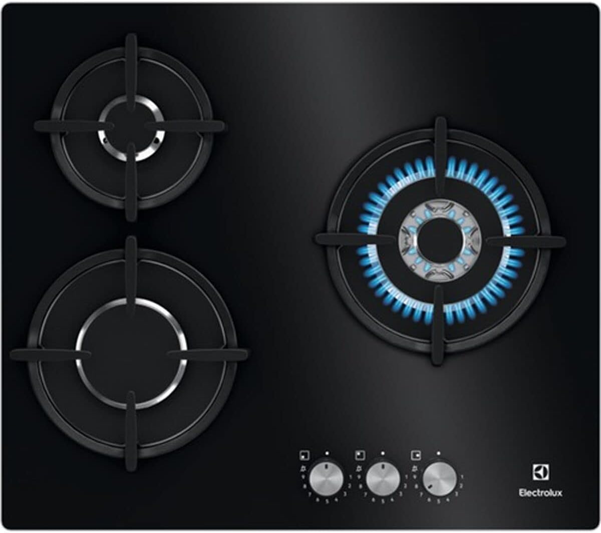 Electrolux KGE6633NOK Plaque de gaz de 60 cm et 3 zones, zone Wok, commandes avant, chaleur instantanée, allumage automatique, thermocouple de sécurité, avec injecteurs d'échange, noir